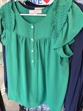 LOFT Emerald Green Ruffle Sleeve Button-Front Blouse Sz L